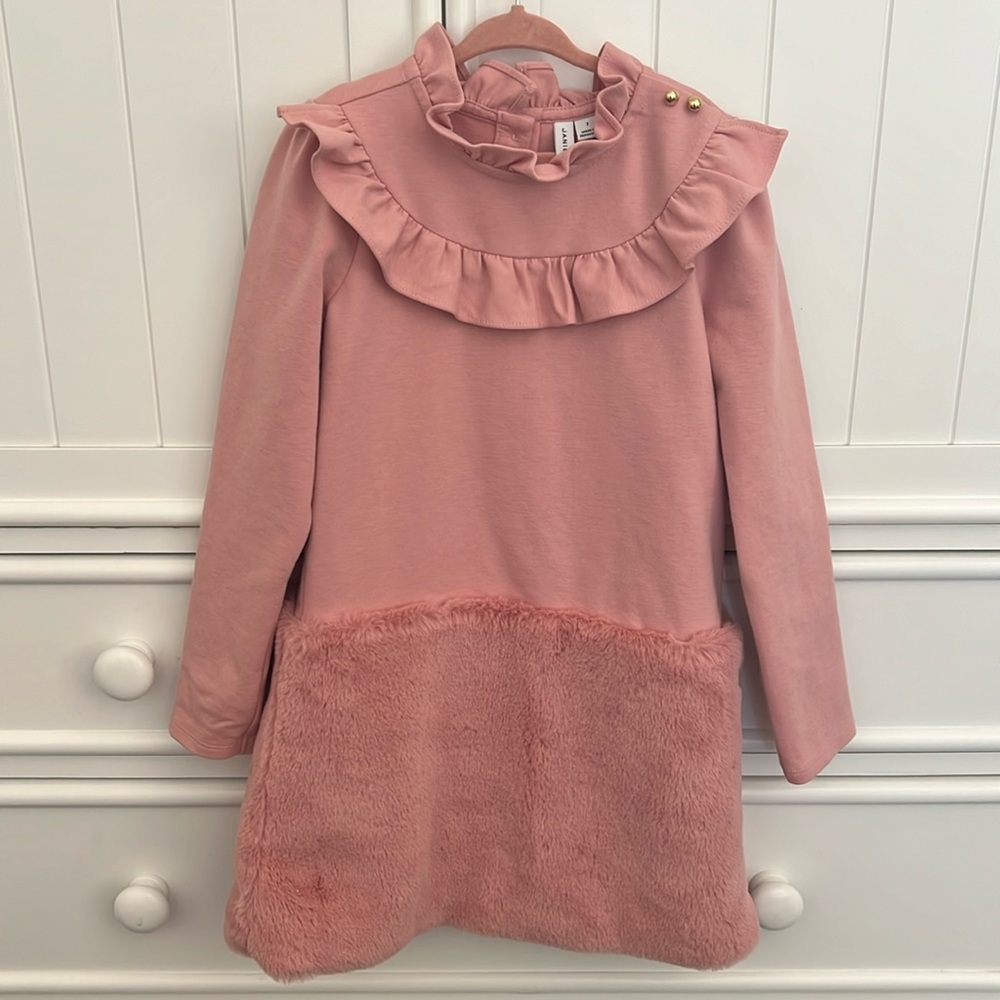 Janie and Jack Rose color dress with faux fur and ruffle collar.